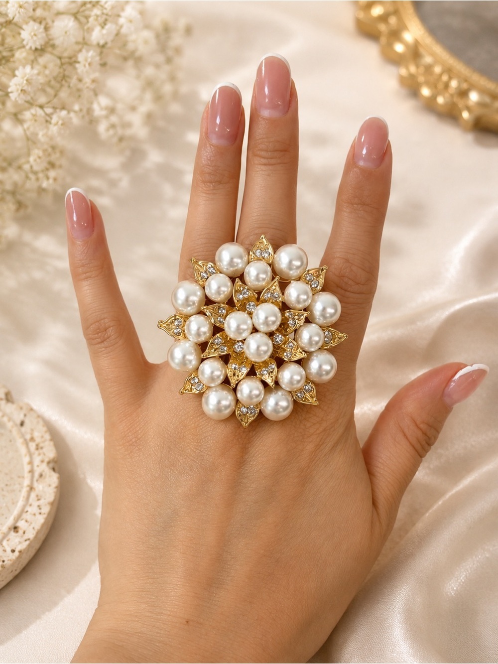 Oversized Pearl & Rhinestone Gold Statement Cocktail Ring